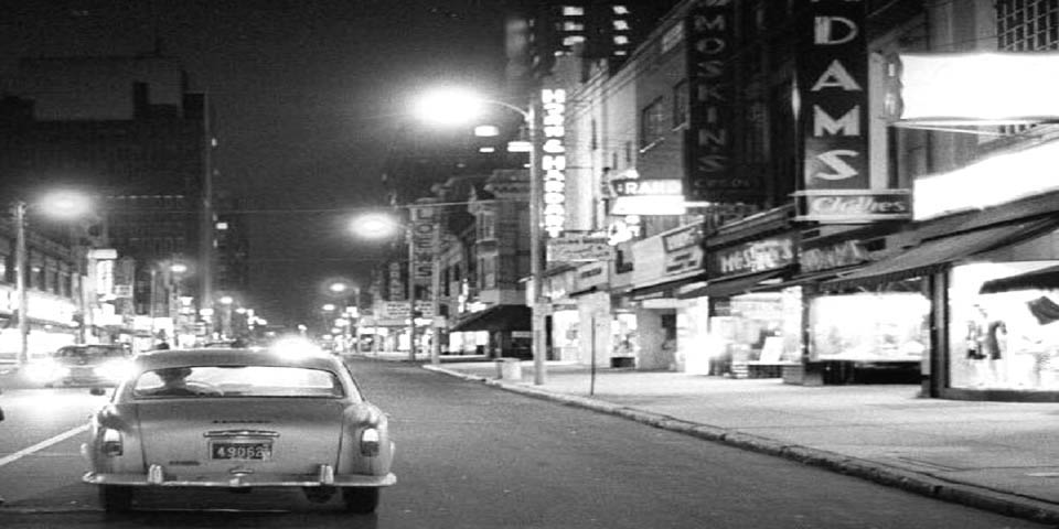 7th and Market Streets at night looking north in Wilmington Delaware 1960s