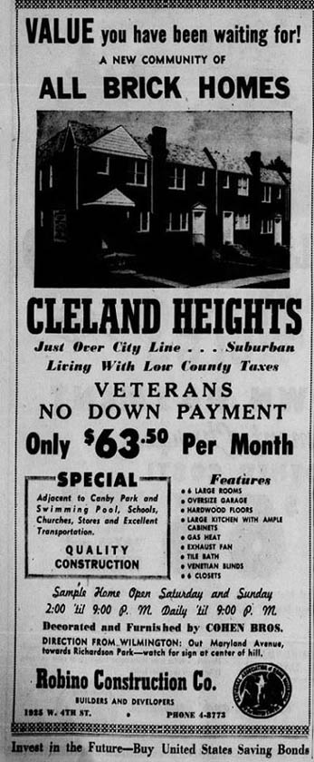 Cleveland Heights house ad in Wilmington DE 6-5-1954