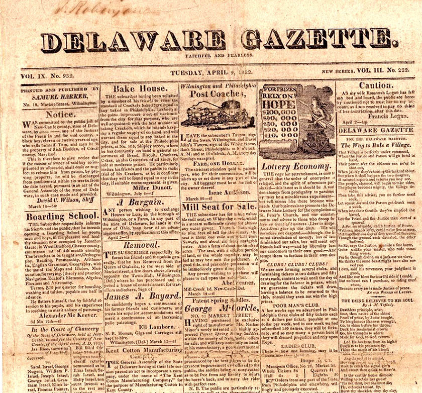 DELAWARE GAZZETTE NEWS PAPER 4-9-1822