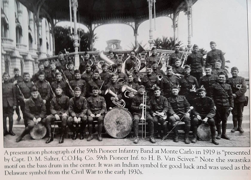 DELAWARE NATIONAL GUARD BAND DURING WWI WITH SWASTIKA ON DRUM 1919