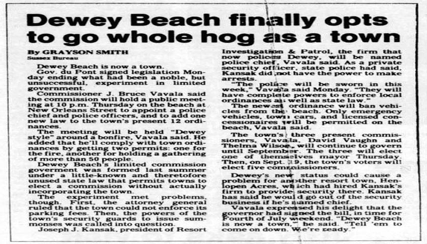 DEWEY BEACH DELAWARE ARTICLE ABOUT IT BECOMING A TOWN ON 6-3-1981