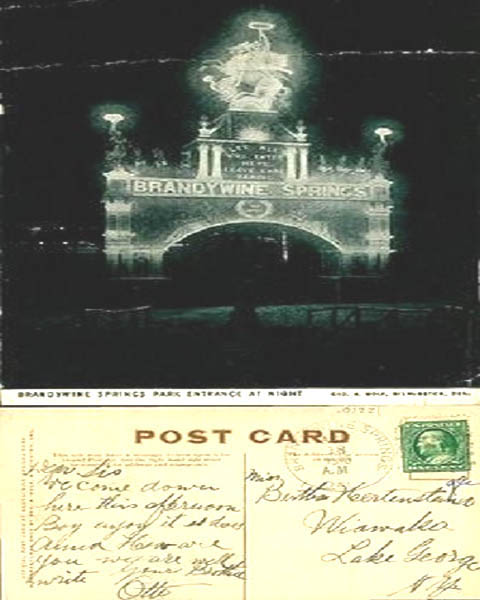Entrance to Brandywine Springs Amusement Park in Delaware lit with new electricity early 1900s
