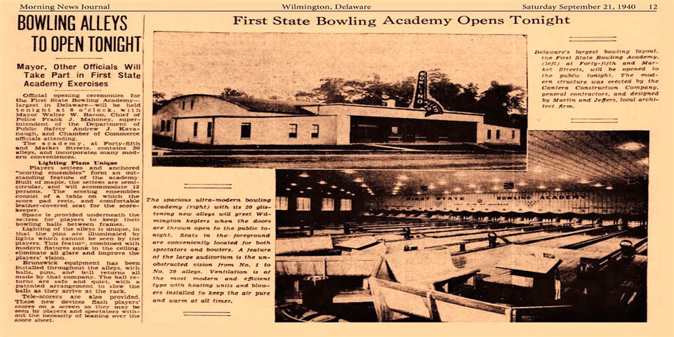 First State Bowling Academy Wilmington Morning News article in Wilmington DE 9-21-1940
