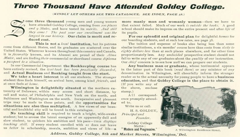 Goldey Business College in Delaware 1898