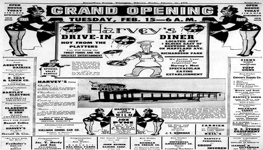 Harveys Diner Advertisement on Maryland Ave in Wilmington DE before it was Cosmos Diner - 1955