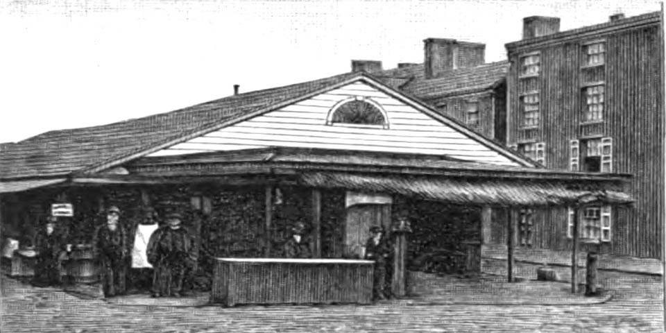 Illustration of the old lower market house in Wilmington DE featured in Thomas Scharfs 1888 History of Delaware