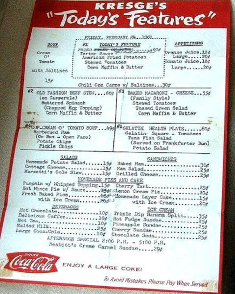 Kresges Department Store on 8th and Market Streets in Wilmington DE  Lunch counter menu from 2-24-1961