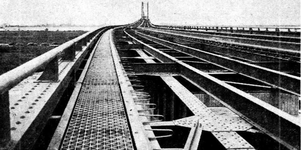 Looking toward New Jersey on the Delaware Memorial Bridge frame as it was being built in 1950