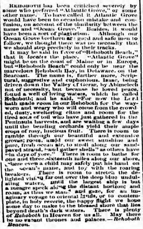 News article about the naming of Rehoboth Delaware in July of 1873