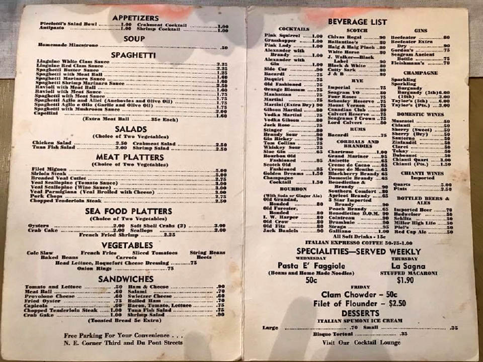 PICCIOTTIS MENU NEAR 3RD AND DUPONT STREETS IN WILMINGTON DELAWARE - 2