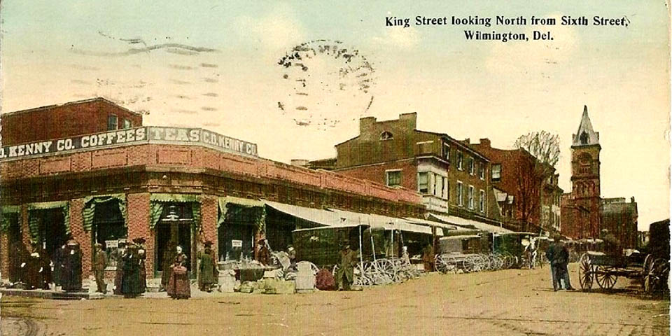 POSTCARD OF FARMERS MARKET on King Street looking North from Sixth Street in Wilmington Delaware circa late 1800s