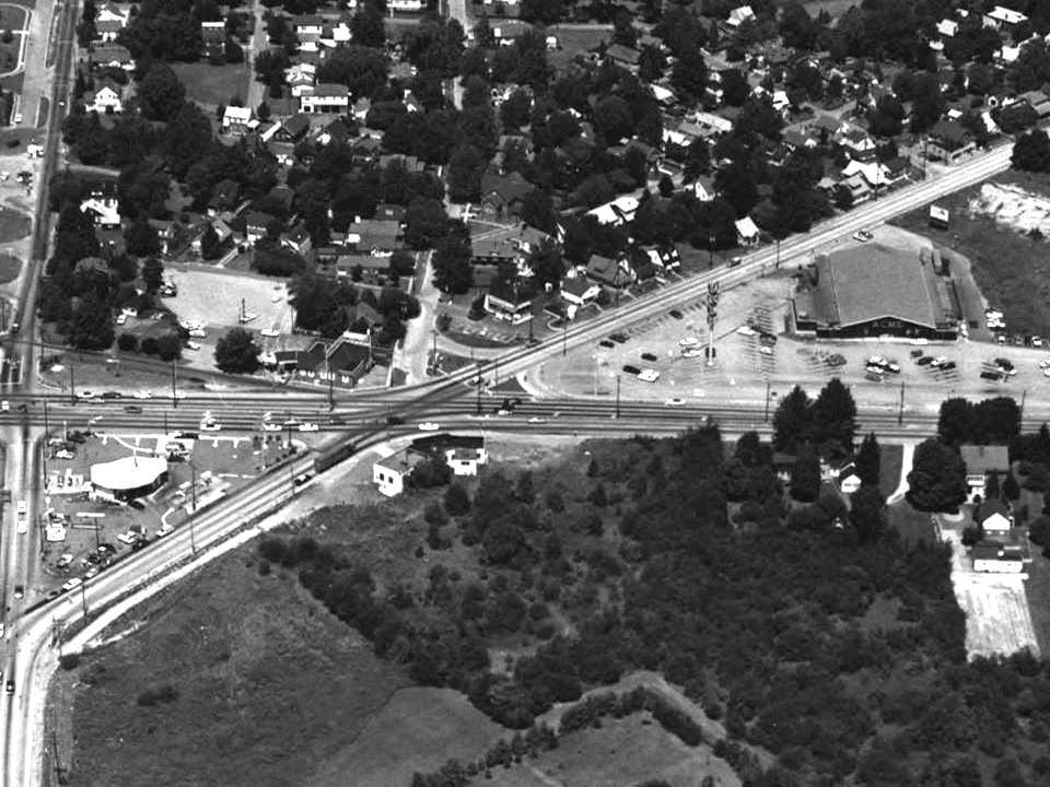 Prices Corner Delaware Route 2-Kirkwood Hwy intersection with Delaware Trust Building center left and Acme Market on right circa 1960s