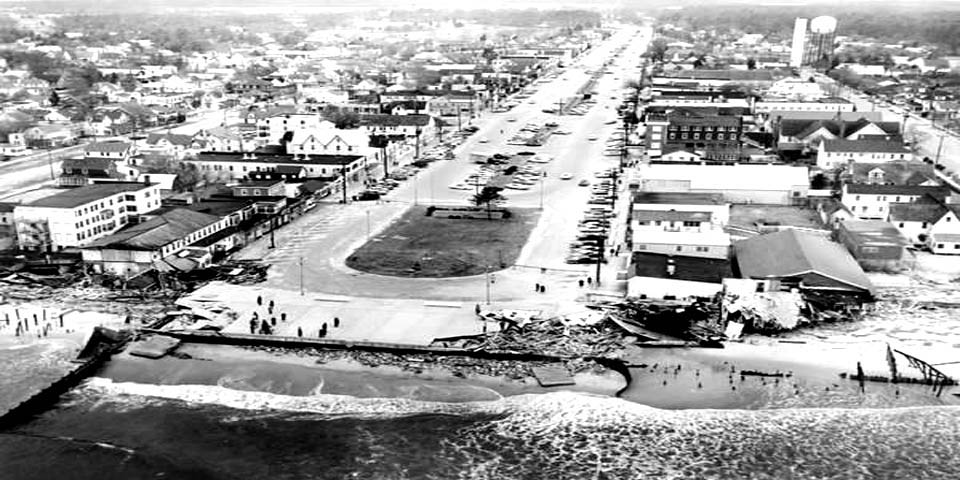 Rehoboth Avenue in Rehoboth Beach Delaware during Hurricane Hazel in 1962
