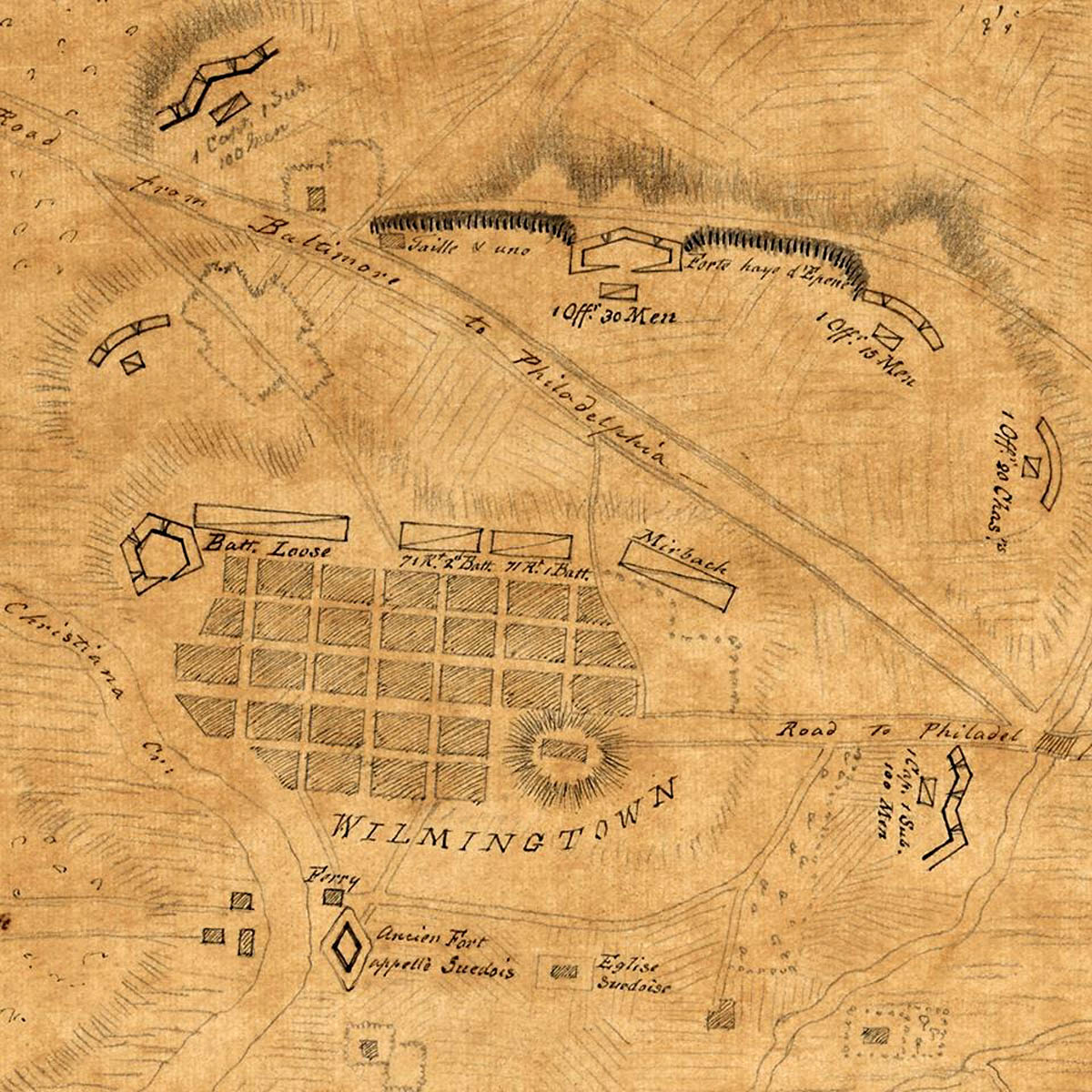 Revolutionary War era map of Wilmington Delaware including the Old Swedes Fort Christina late 1700s