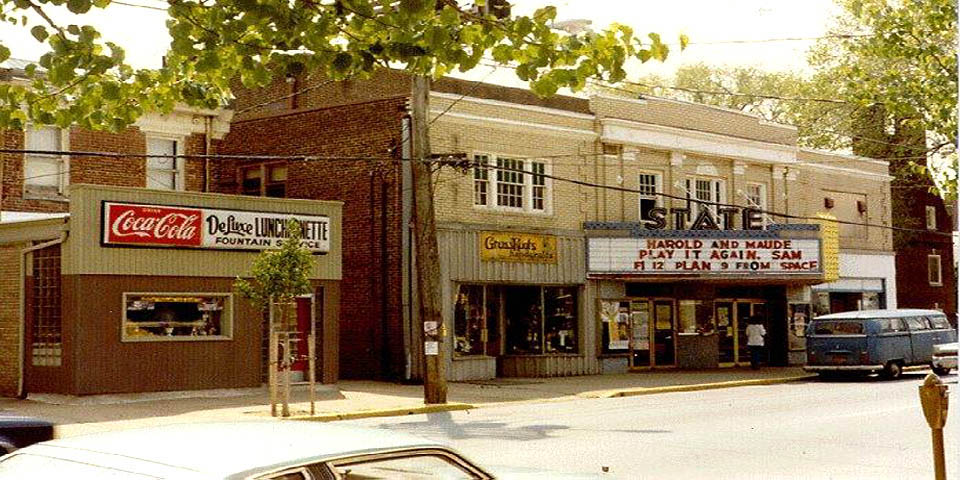 STATE THEATER AND GRASSROOTS AND DELUXE LUNCHONETTE ON MAIN ST IN NEWARK DELAWARE 1970s