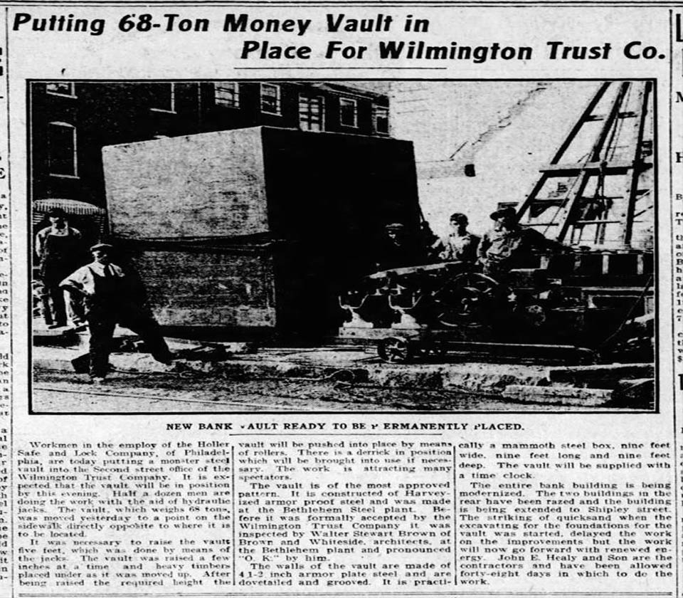 Story and photo of the vault being installed in Wilmington Trust in Delaware from the Evening Journal on 18-August 1915