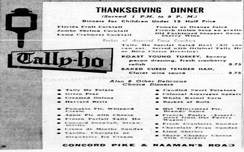 Tally Ho Thanksgiving Dinner menu Wilmington Delaware in 1961