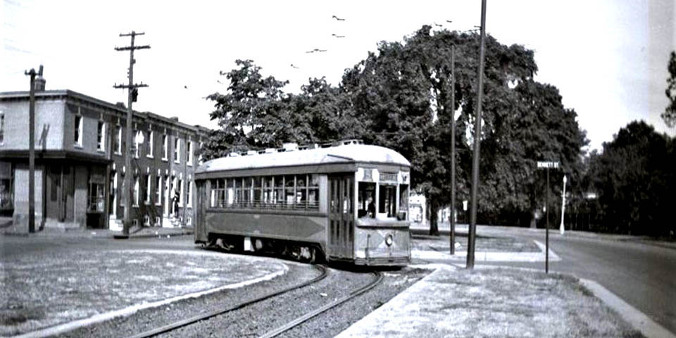 Trolley number 341-P on East 11th Street at Bennett Street in Wilmington Delaaware May 1939