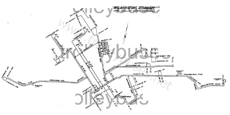 Trolly route map for Wilmington Delaware in 1945