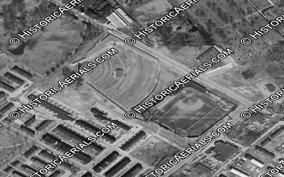 WILMINGTON PARK IN WILMINGTON DELAWARE AREAL VIEW WHERE THE BLUE ROCKS AND UD BLUE HENS PLAYED CIRCA 1953