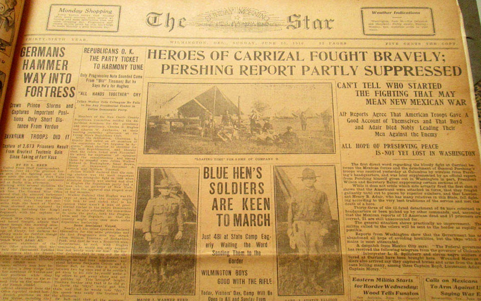 WILMINGTON STAR NEWS PAPER ARTICLE ABOUT BLUE HEN SOLDIERS OF WWI - WIDE VIEW ON JUNE 28 1916