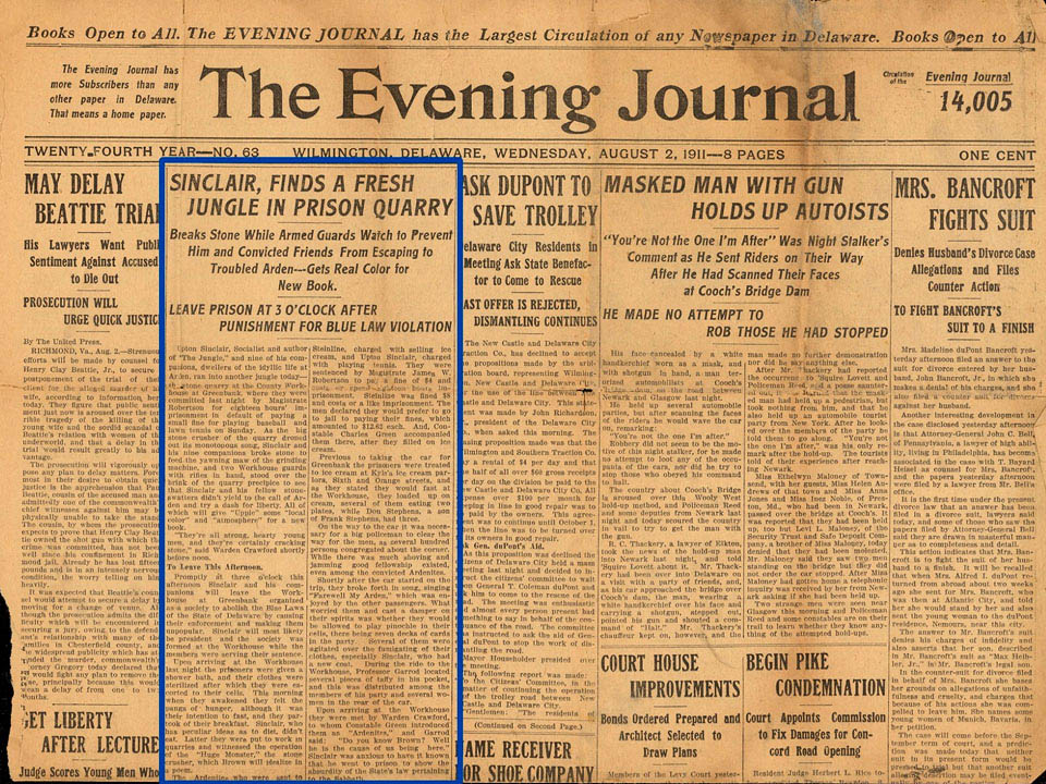 Wilmington News Journal front page in Wilmington Delaware AUGUST 2ns 1911